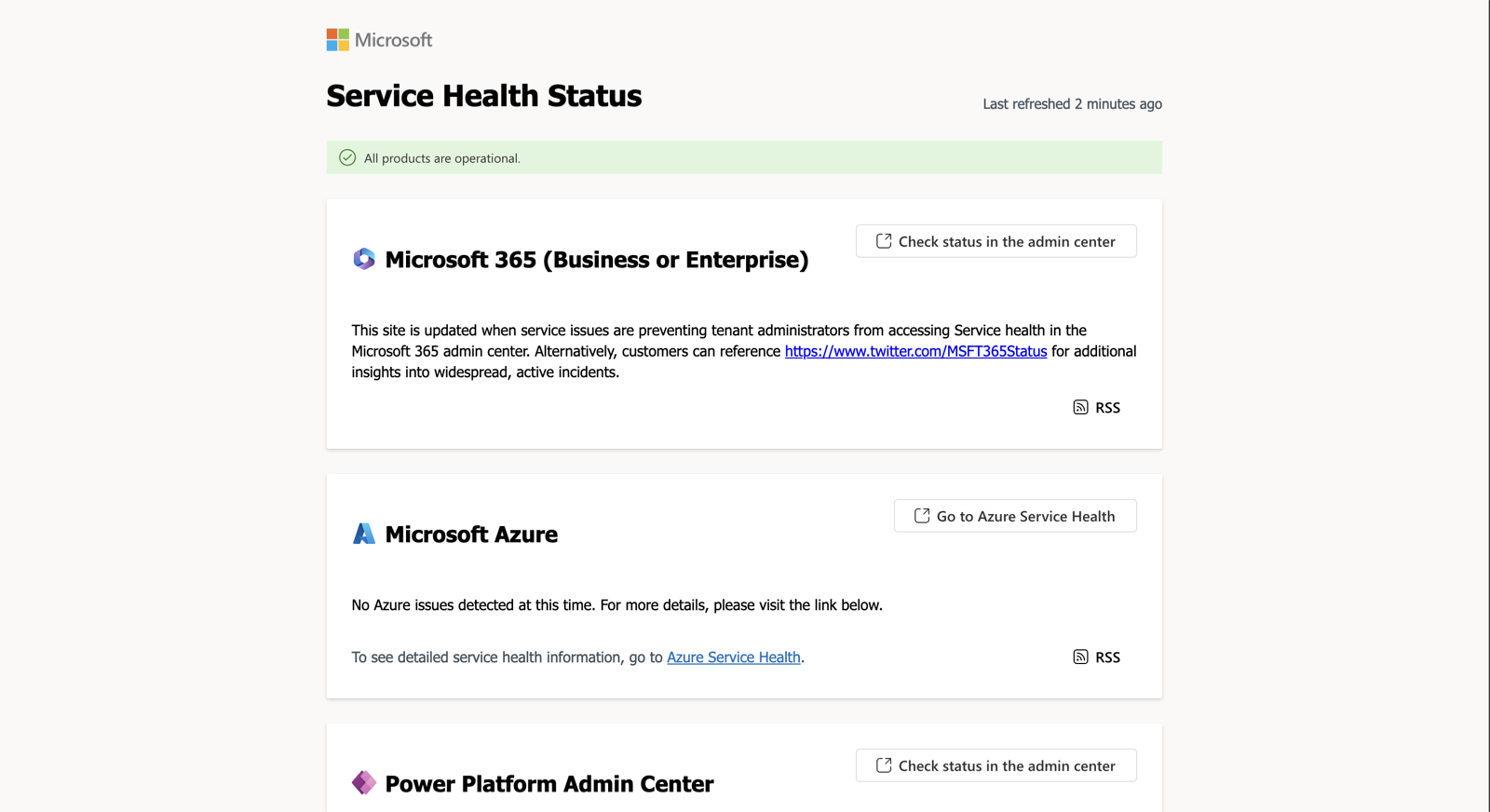 The standalone Service Health status page, one of several places admins had to check