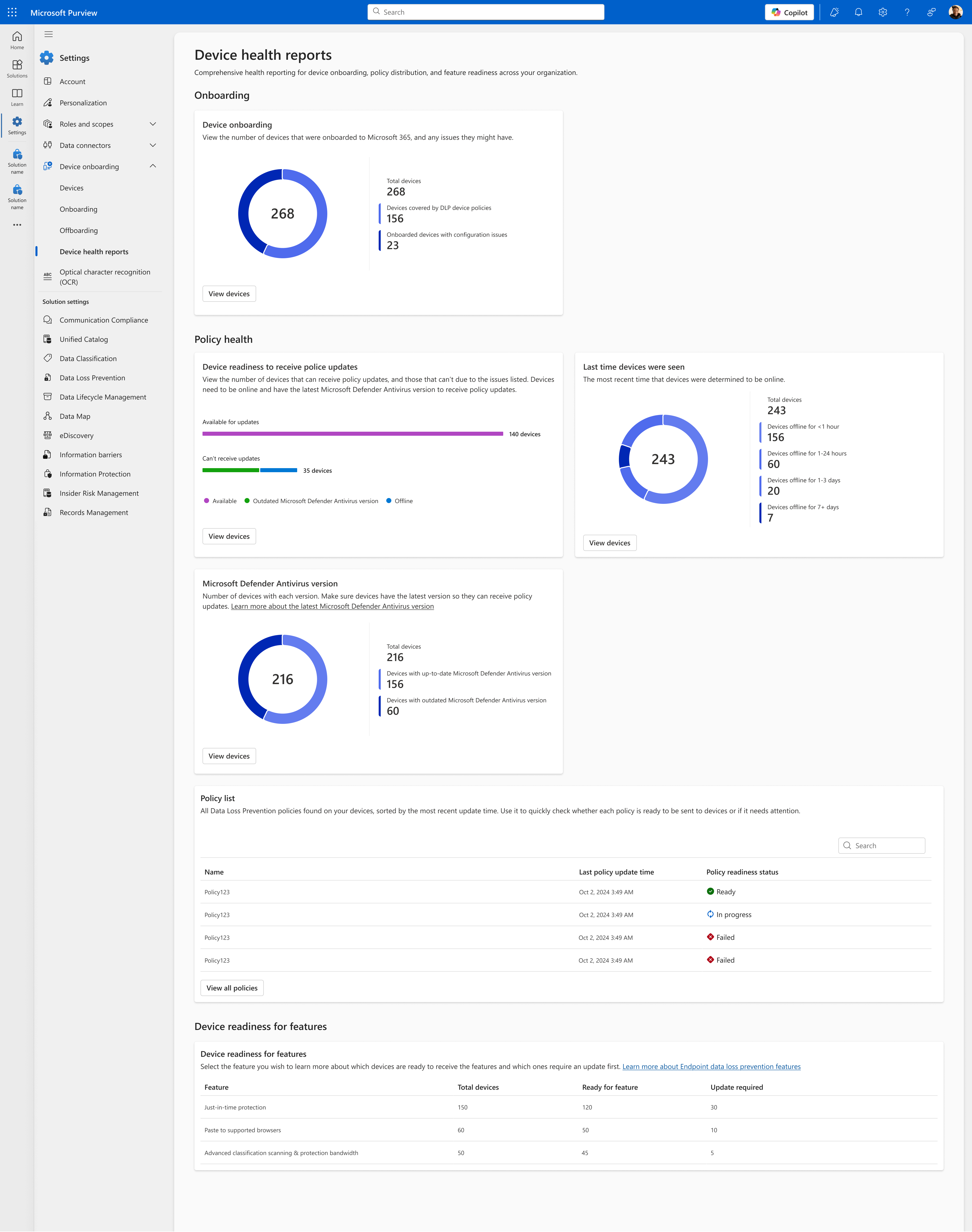 The Device health reports dashboard: device onboarding, policy health, Microsoft Defender Antivirus version, policy list, and device readiness for features