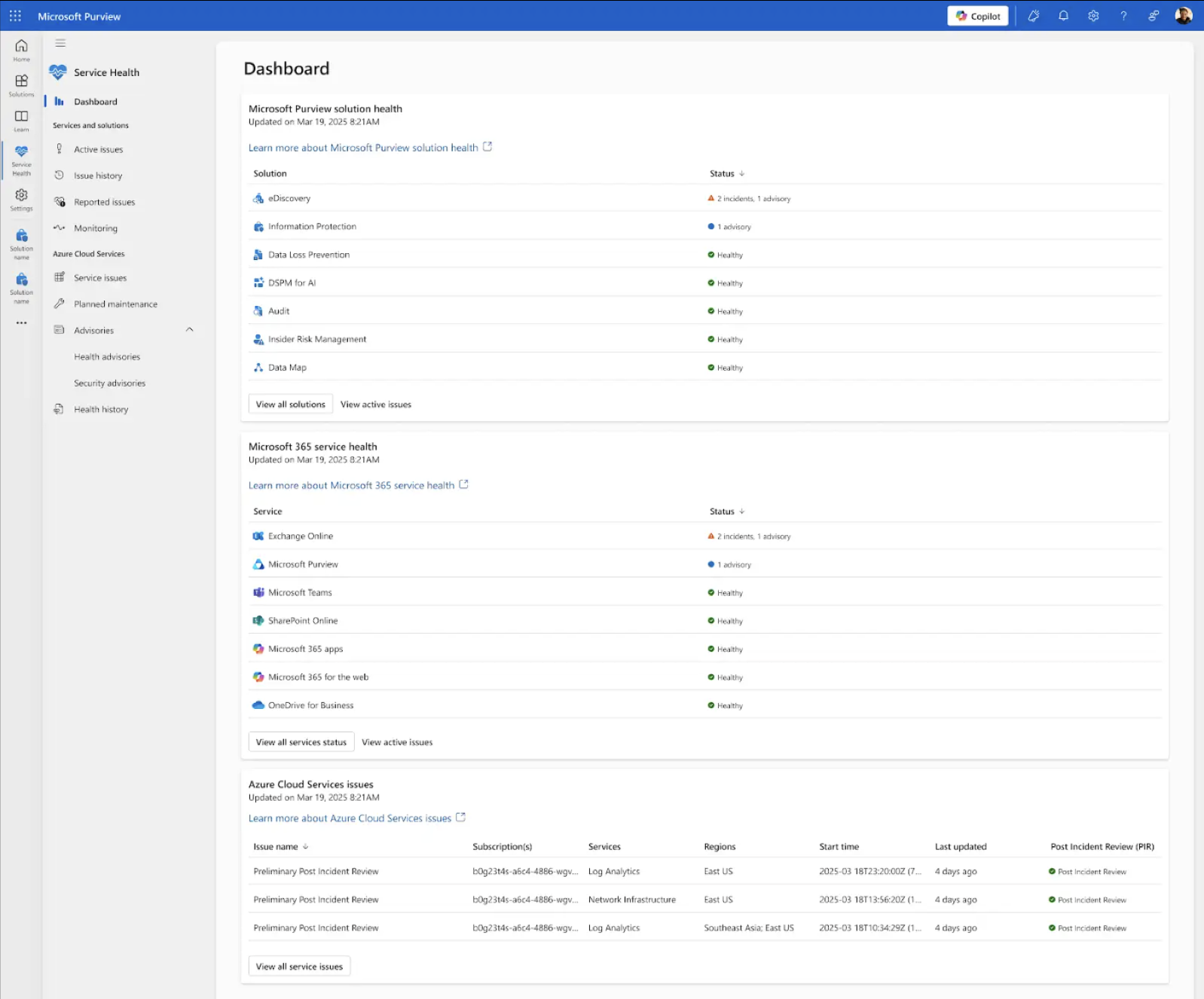 Service Health dashboard: unified solution and Microsoft 365 status