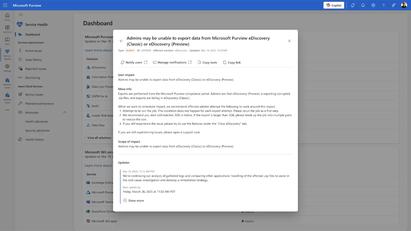 Service Health incident detail with user impact and remediation steps