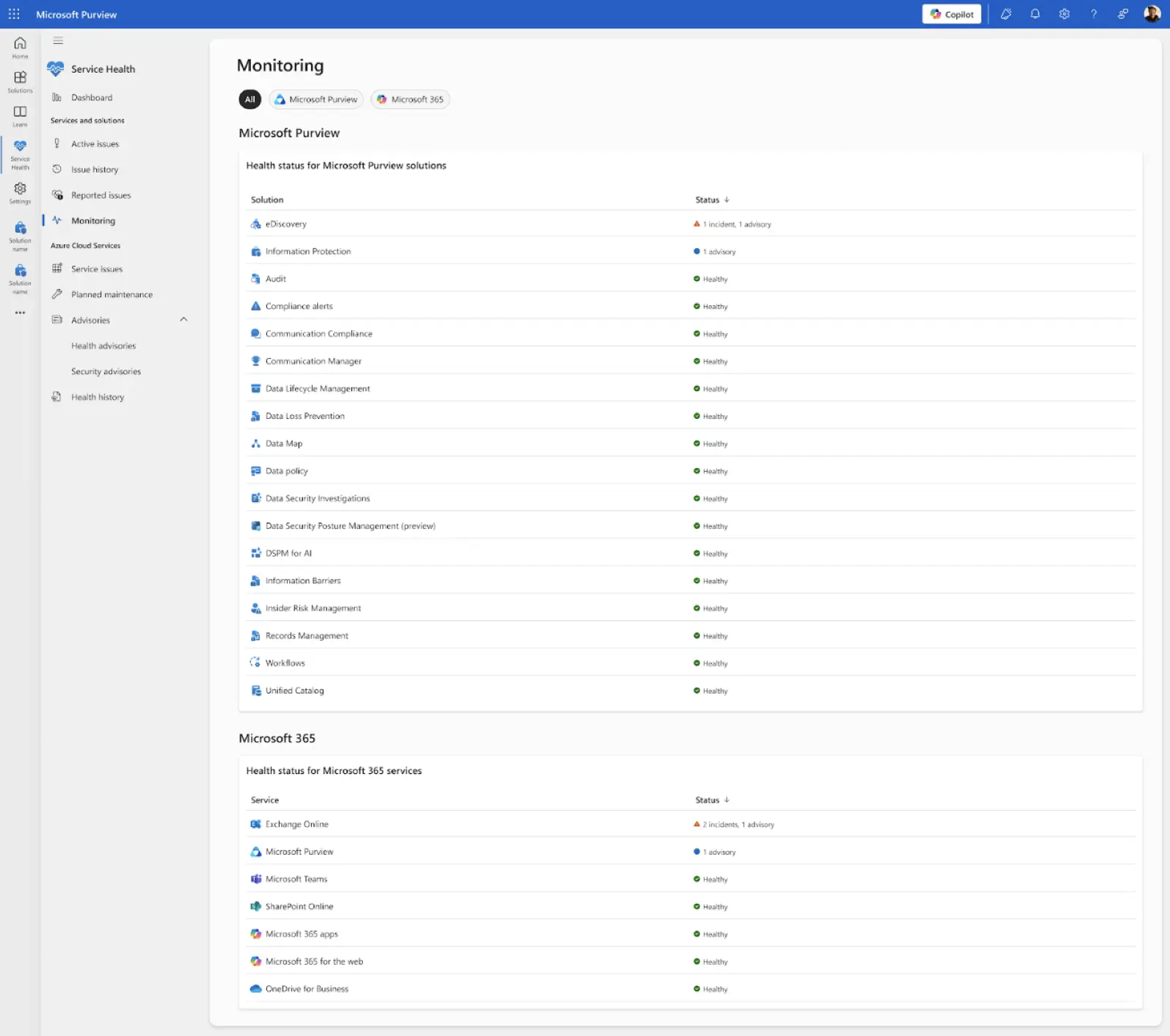 Monitoring view: health status across all Purview and Microsoft 365 services