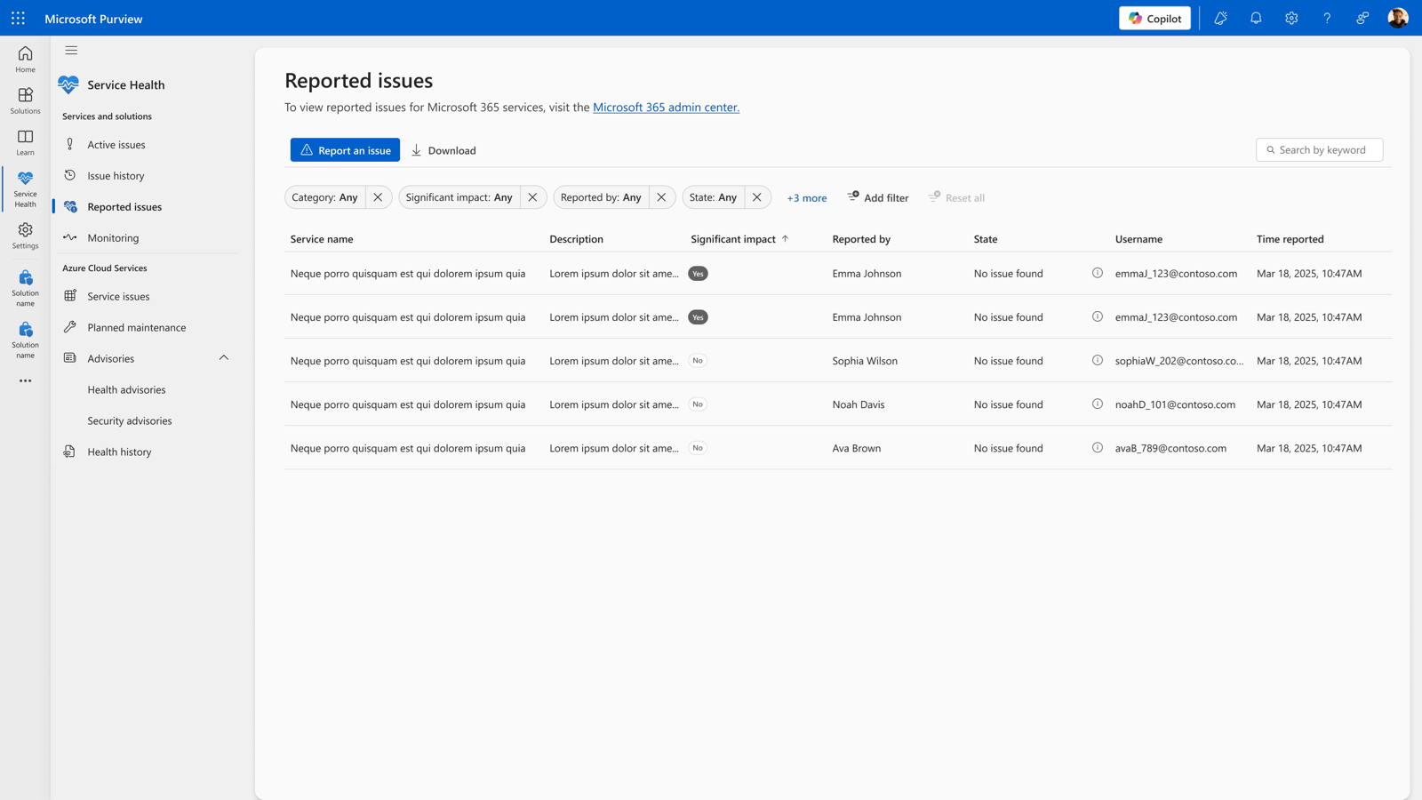 Reported issues: admin-submitted issues with filters and status