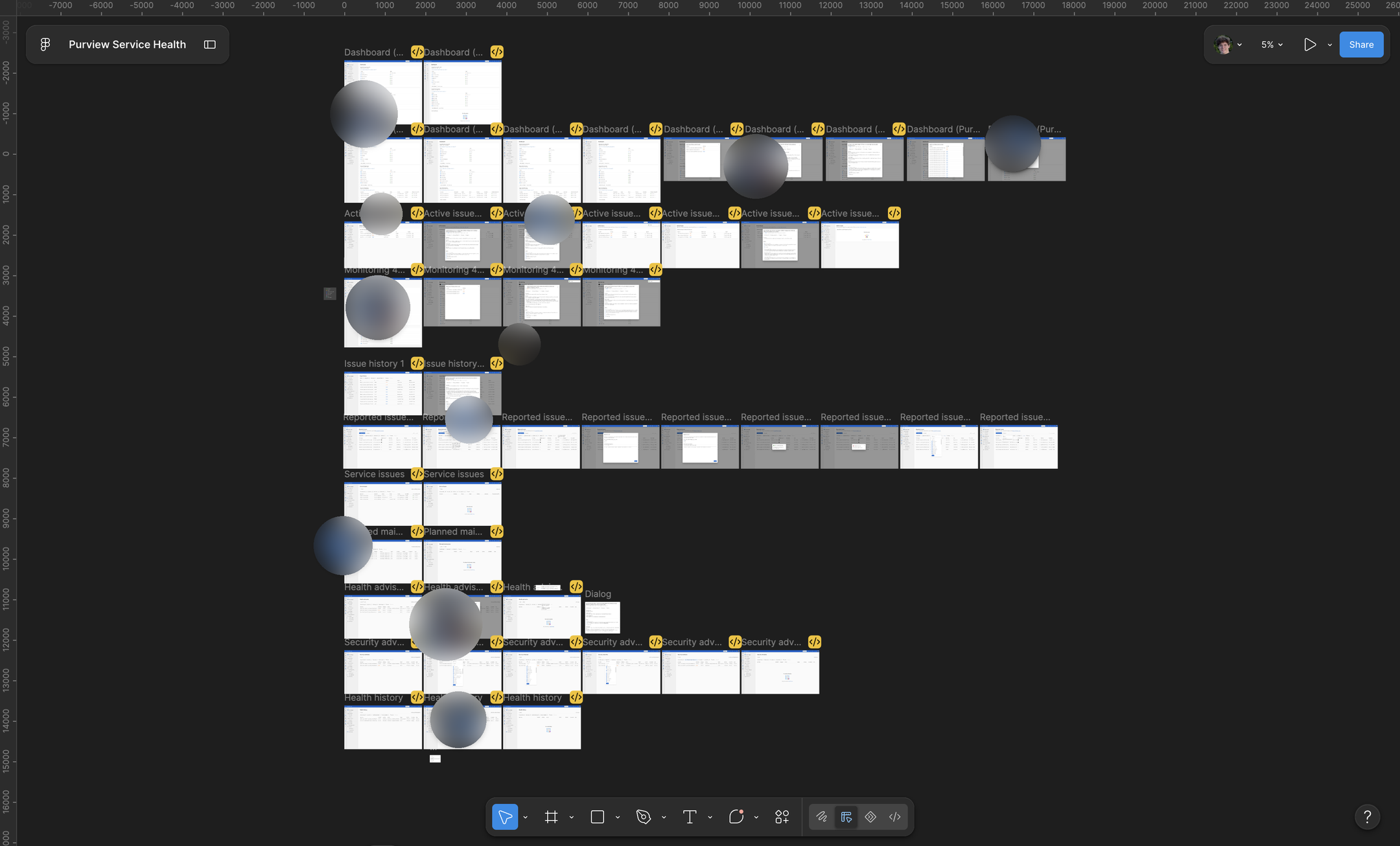 The Service Health working file in Figma, zoomed out to show the whole canvas: rows of frames grouped by feature area, from Dashboard and Active issues through Monitoring, Issue history, Reported issues, Planned maintenance, Health advisories, Security advisories, and Health history.