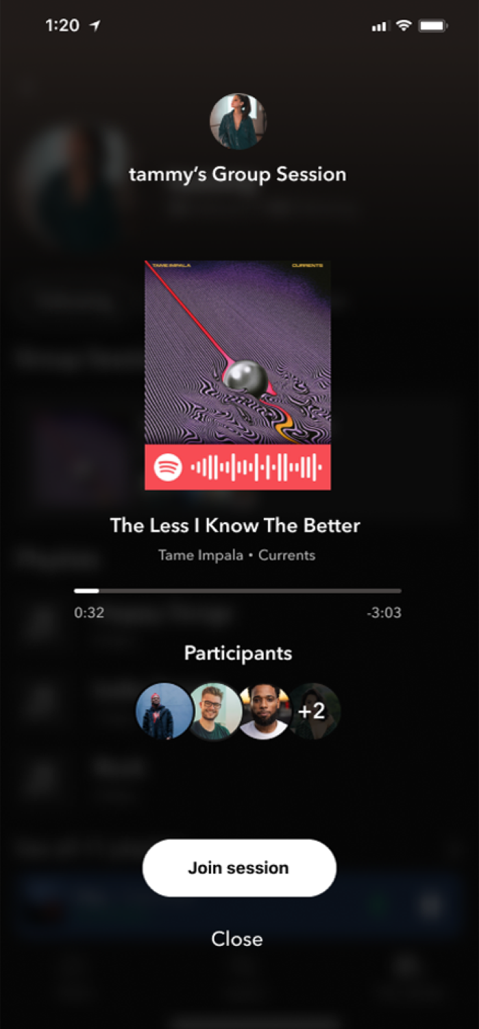 Friend activity and group sessions screen